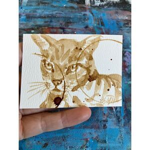 Original cat coffee art original painting wildlife aceo atc artwork